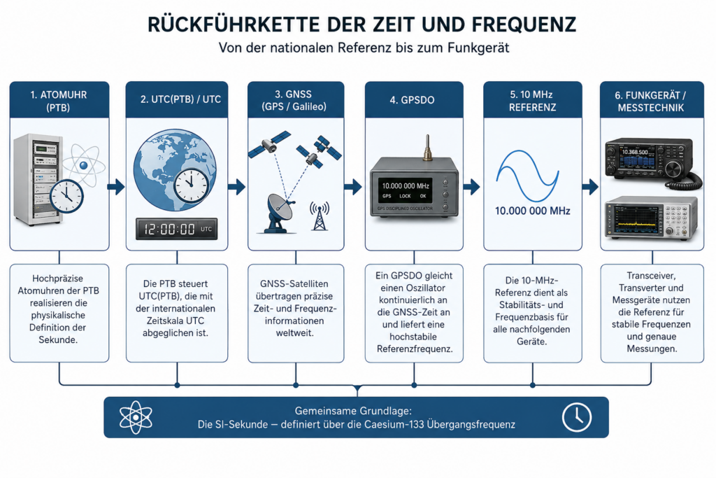 Rückführkette für Zeit- und Frequenznormale von der Cäsium-Atomuhr bis zur praktischen Frequenzmessung.